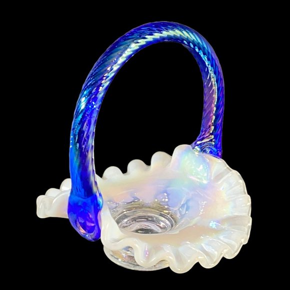 Vintage Fenton Mini Basket Grape & Vine Ruffled Opalescent w/Iridescent Handle - Picture 8 of 14